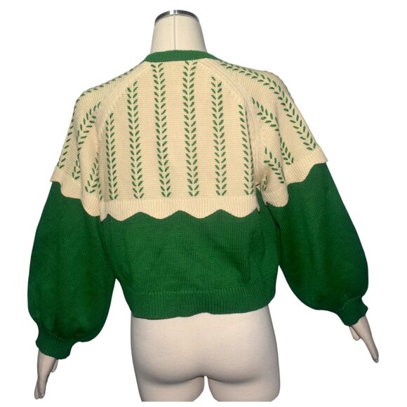 The GREAT. Scallop Sophomore Cardigan Sweater Green Cream Balloon Sleeves 2 M - Picture 3 of 10
